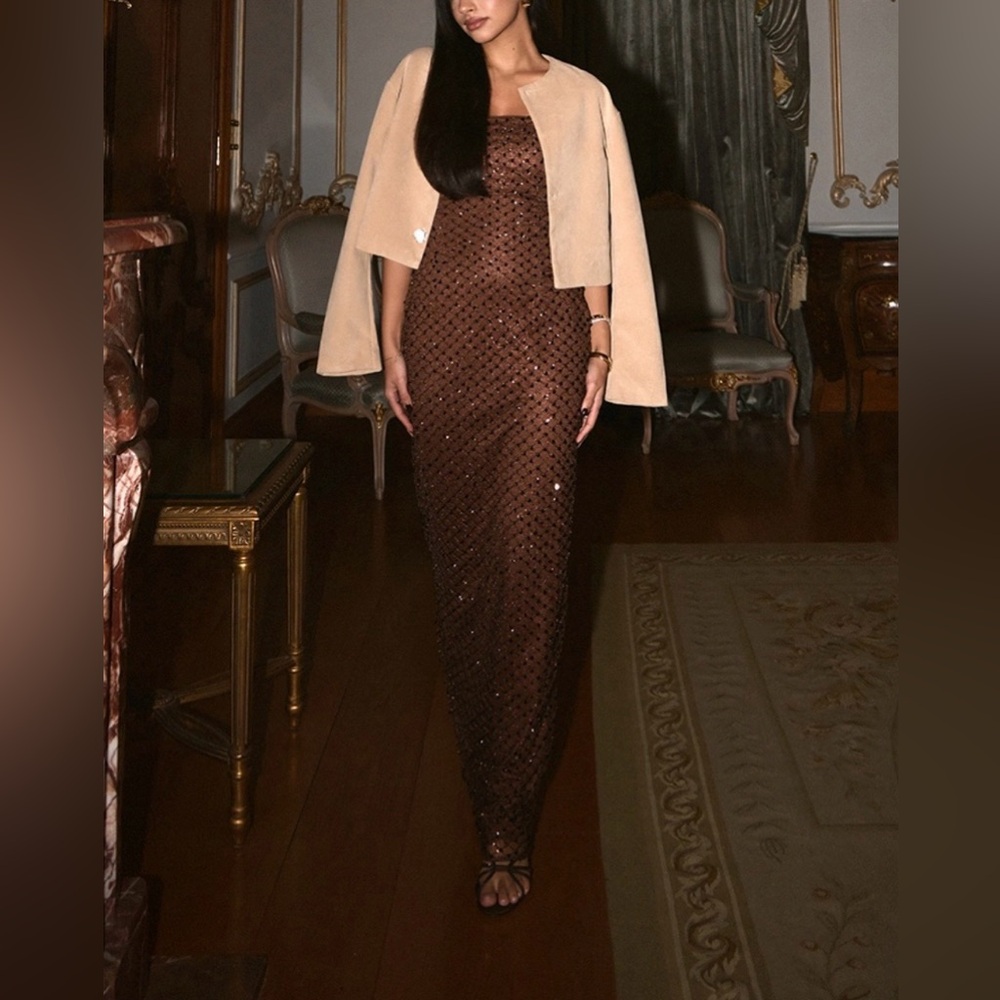 PrettyLittleThing Copper Brown Strapless Sequin Maxi Dress